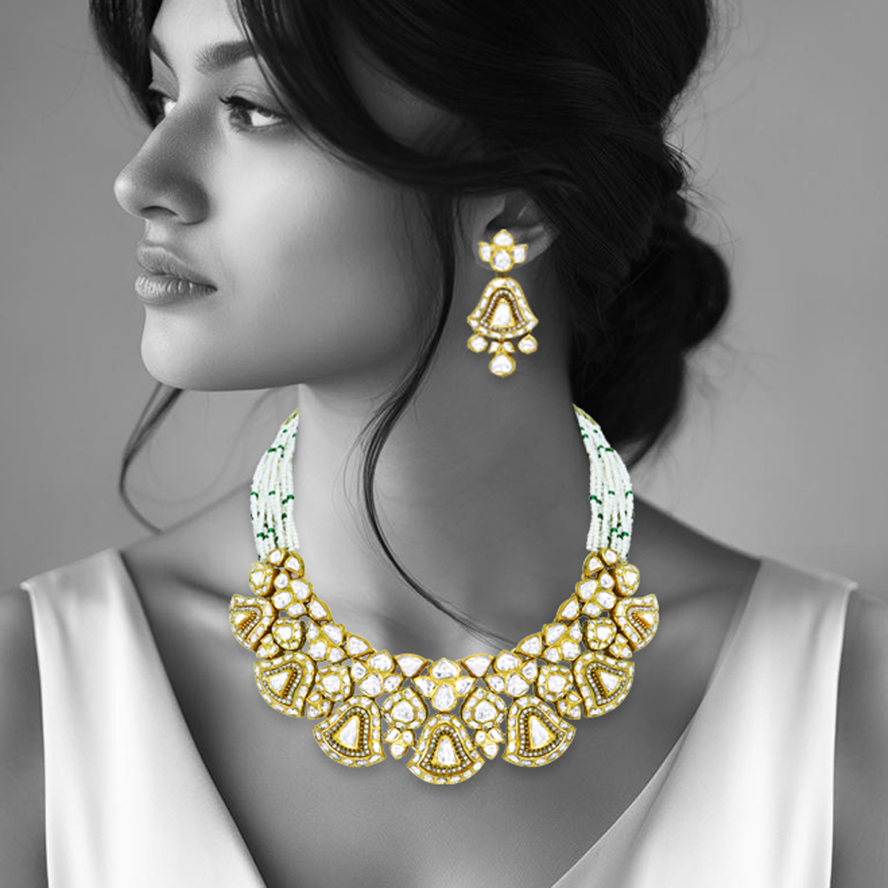 Polki Necklace Set with Fan Motifs and Matching Drops